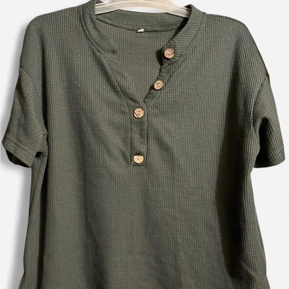 Green Button-Up Waffle Knit Top